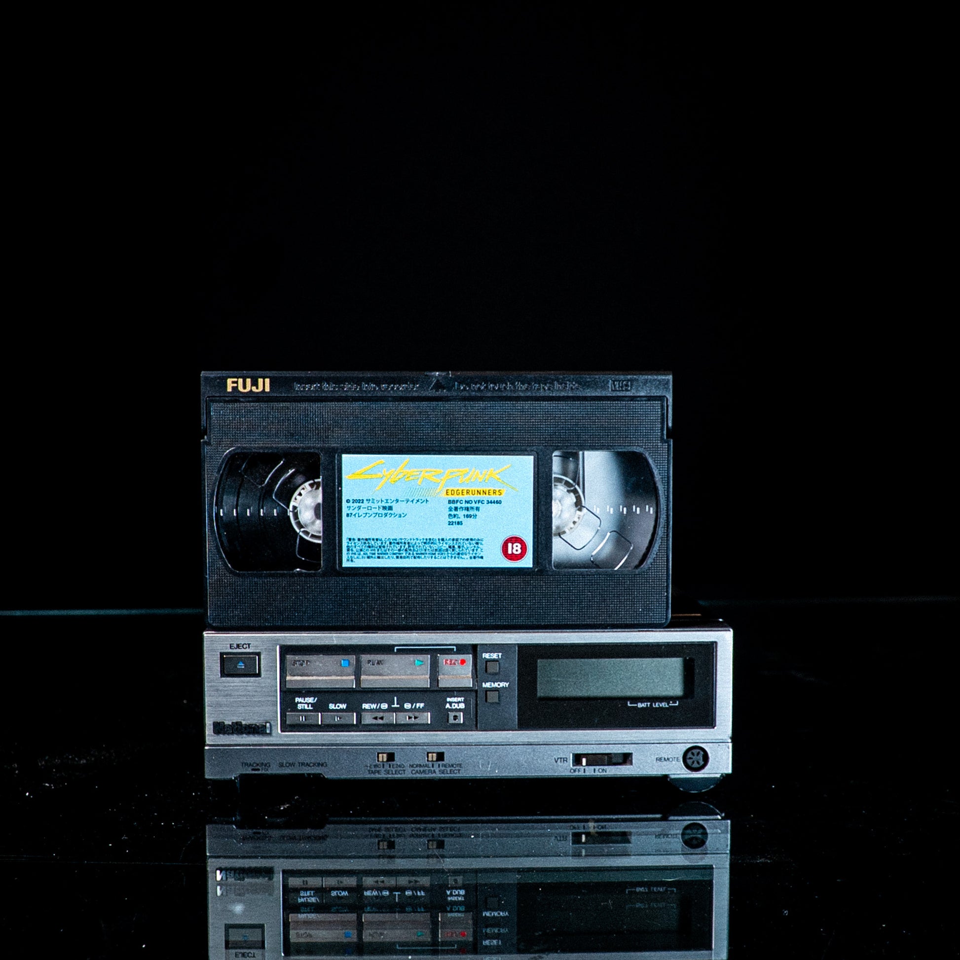Cyberpunk Edgerunners VHS Box Set — cardboard sleeve — close-up of tape label with sleeve — VCR Zone