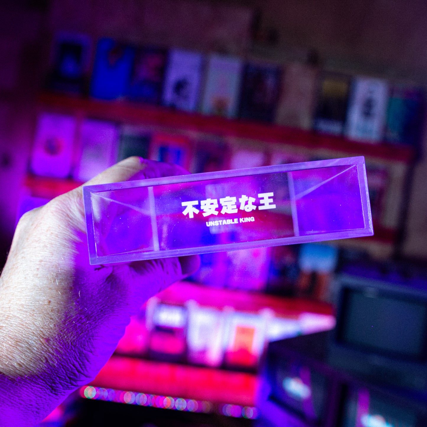 Acrylic VHS Case custom UKING edition — cardboard sleeve — close-up of tape label with sleeve — VCR Zone