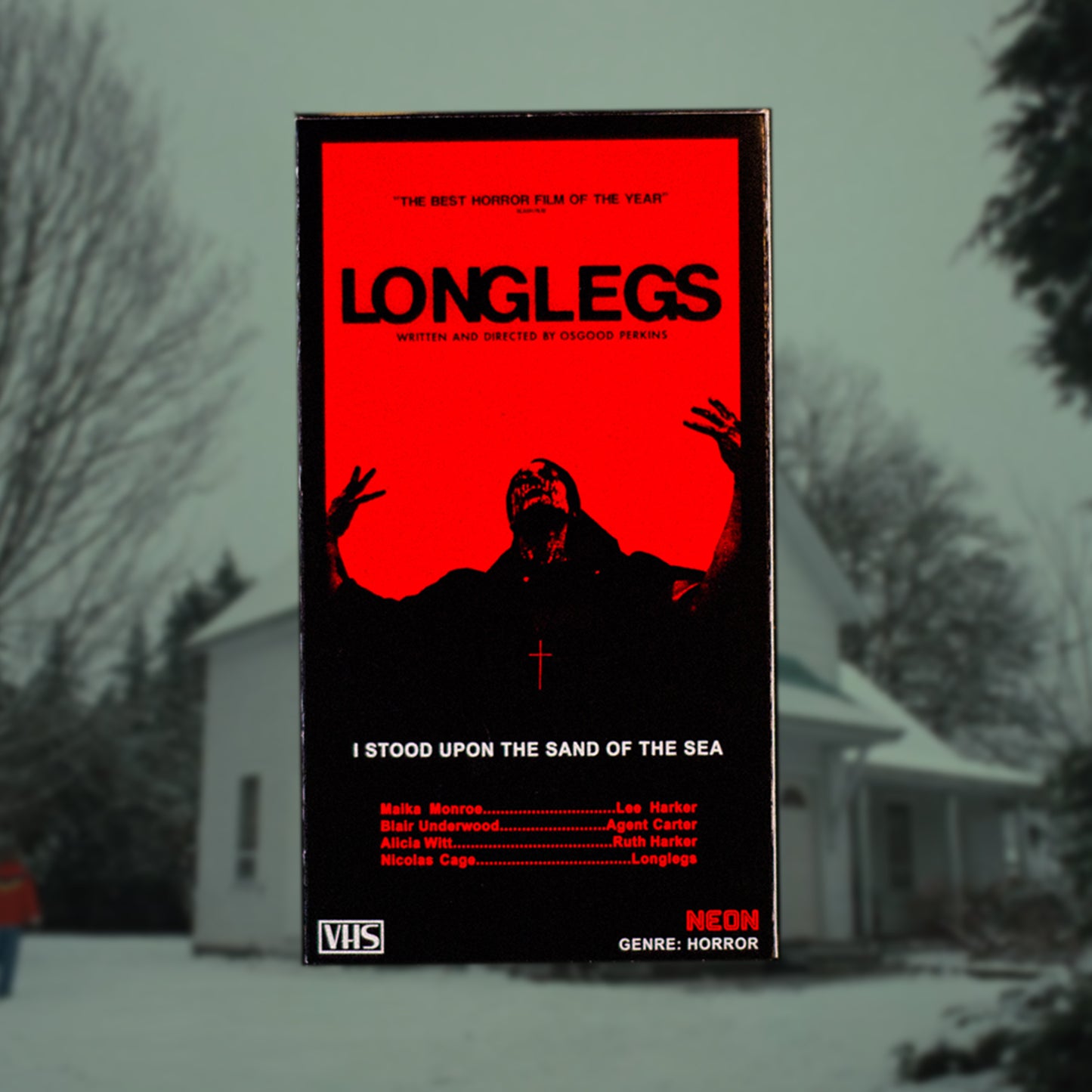 Longlegs VHS Edition — cardboard sleeve — alternate angle of sleeve and tape — VCR Zone