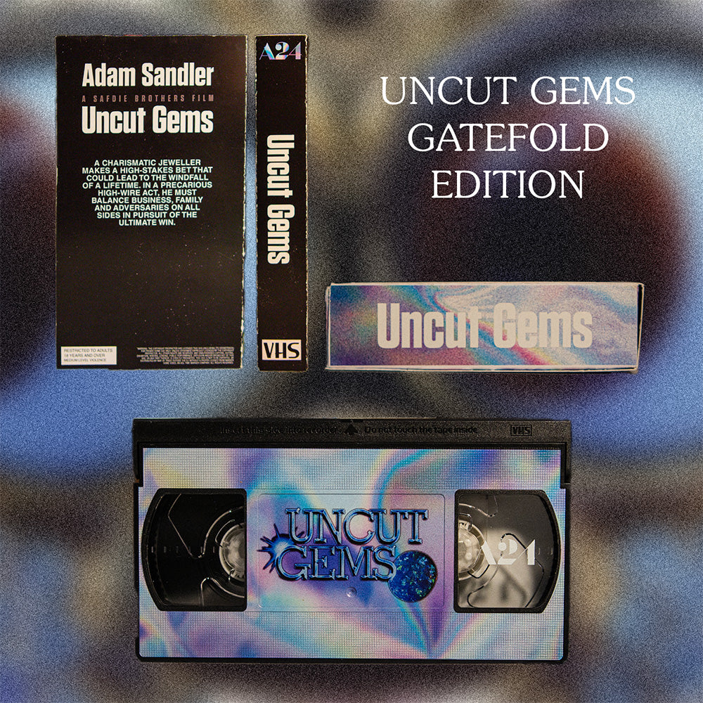Uncut Gems VHS Gatefold Pre-Order — cardboard sleeve — angled view showing sleeve spine title — VCR Zone