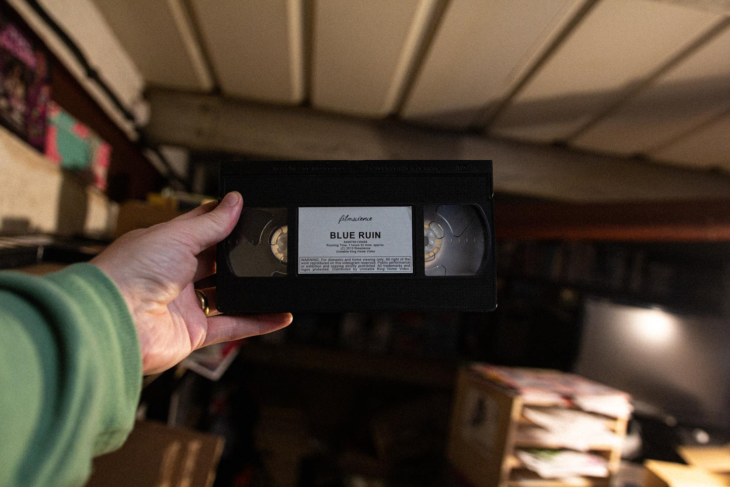 Blue Ruin on VHS — cardboard sleeve — close-up of tape label with sleeve — VCR Zone